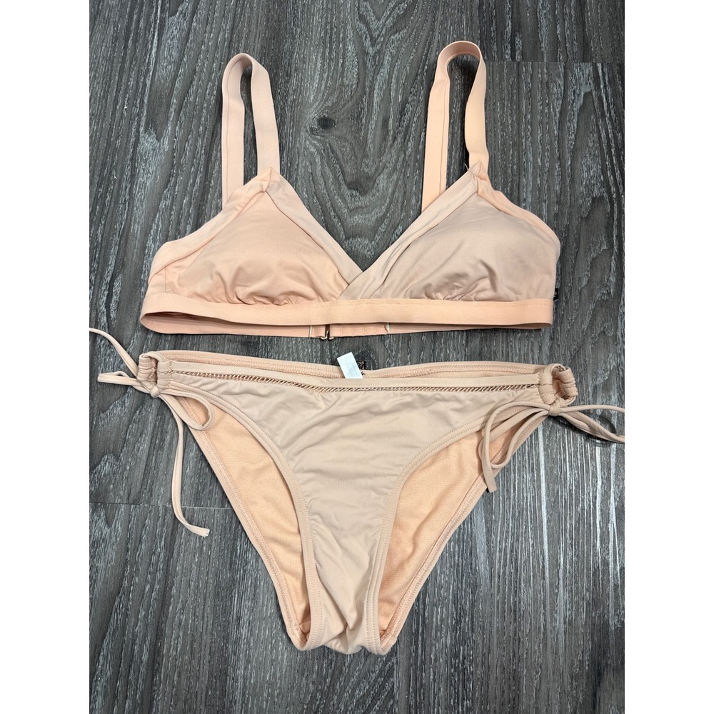 La Vie en Rose Aqua Peach Bikini Set Triangle Top Side Tie cheeky Bottoms Small